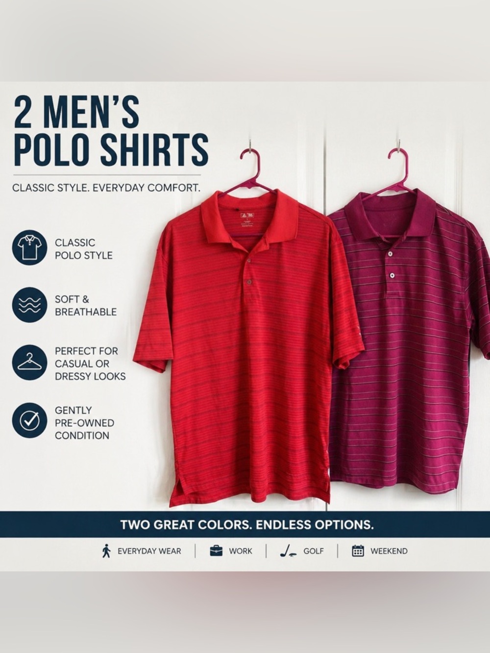 Men's Polo Shirt Bundle - Red and Burgundy Stripe Men’s Large